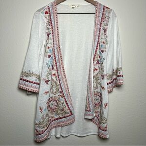 Andree Women Boho‎ Cardigan Kimono Medium White Pink Embroidered Western Cottage